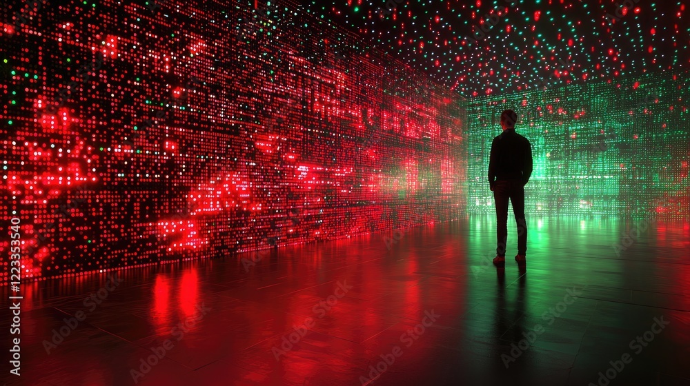 Aufkleber Person Standing in Front of Digital Data Wall with Red and Green Bright Lights Illuminating a Cityscape Background in a Futuristic Environment