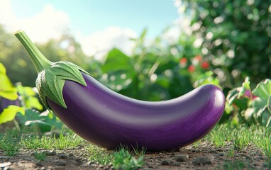 Realistic 3D icon cartoon smooth purple eggplant with a vibrant green stem, placed on a bright sunny garden background