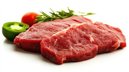Fototapeta premium Fresh Red Beef Cuts with Green Pepper and Tomato Garnish