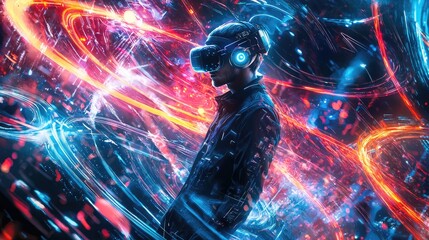 Futuristic Male Wearing VR Headset Surrounded by Neon Lights in High-Tech Environment with Abstract Digital Visualization Elements