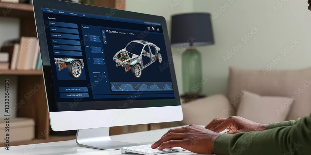 Poster electric car design software on computer screen showing simulation blueprint brisk by digital calcul