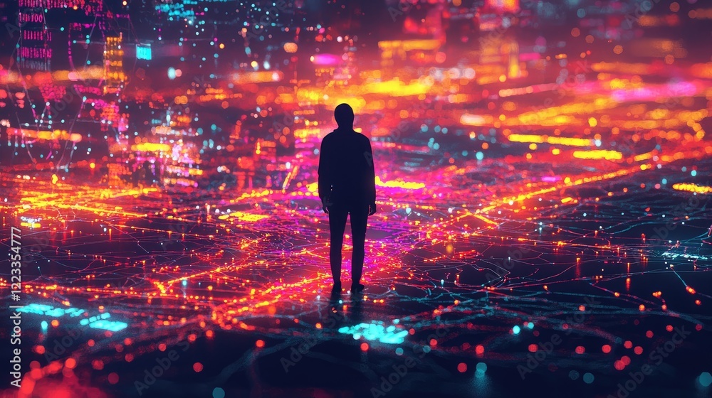 Poster futuristic digital landscape with a silhouette of a person standing against a glowing map and networ