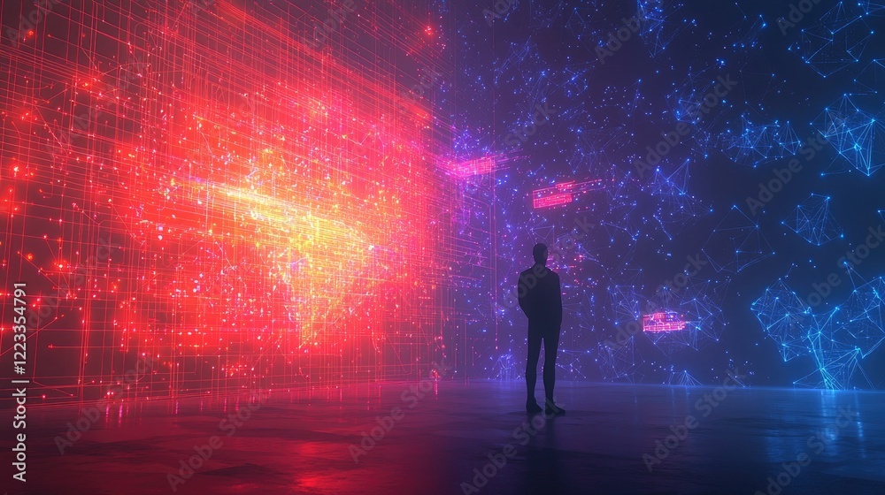 Poster futuristic digital landscape with a silhouette of a person standing against a glowing map and networ