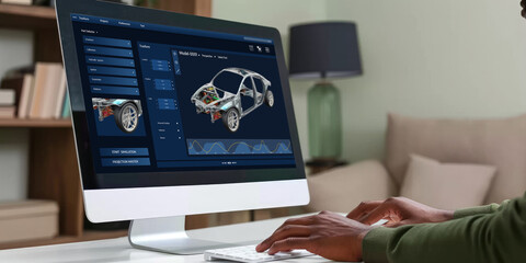 Electric car design software on computer screen showing simulation blueprint brisk by digital calculating application for manufacturing preparation