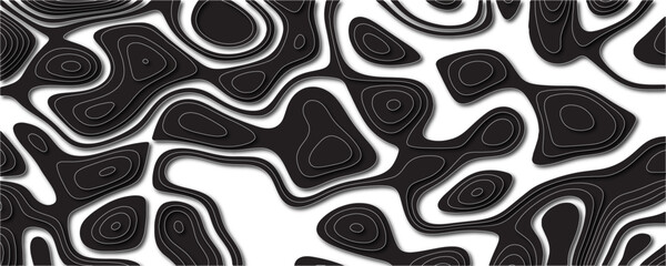 Abstract counter paper cut geographic terrain & scheme. Wavy Black Layers Contemporary 3D Background. Design for prints, flyers, banners, brochures, invitations, covers.