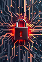 Lock and cybersecurity, data protection and global network security, minimalism, with white tones