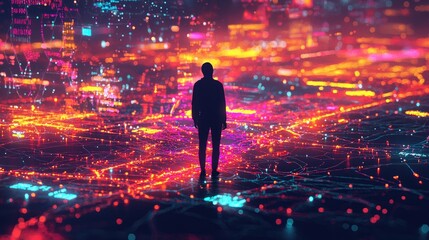 Futuristic digital landscape with a silhouette of a person standing against a glowing map and network connections in vibrant colors