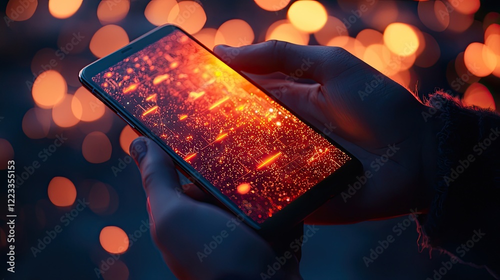 Poster Hands Holding Smartphone with Digital Graphs and Data Visualizations in Soft Focus with Warm Glow Effect