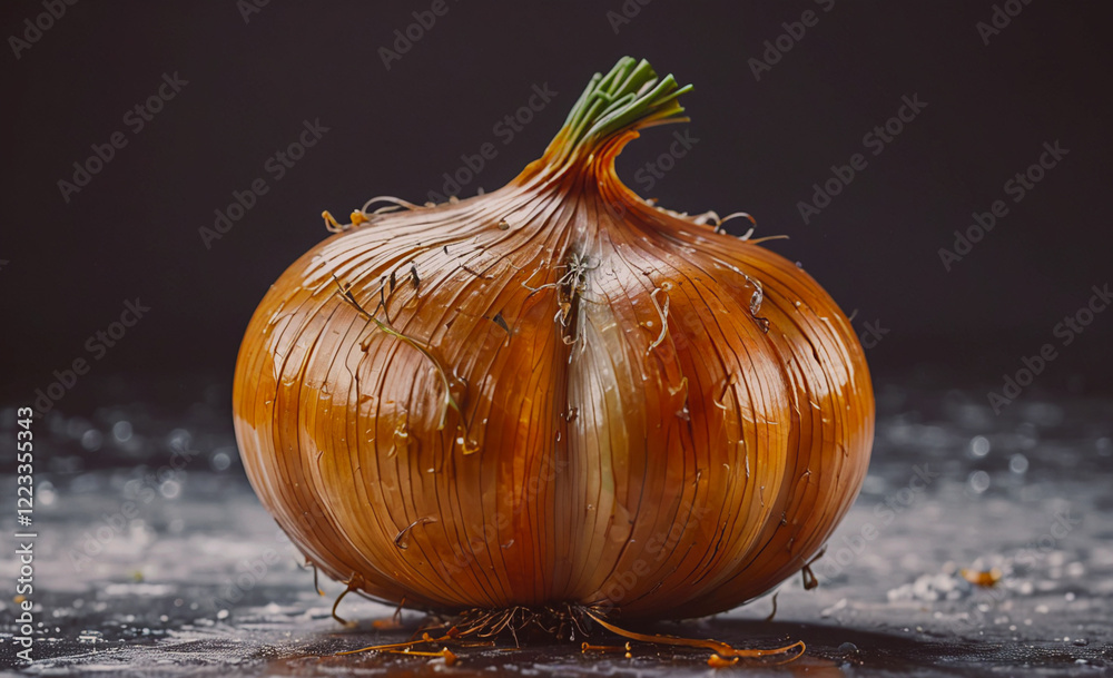 Poster a large onion with a green stem on top. the onion is brown and has a few green leaves on it