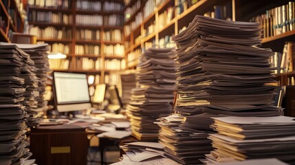 Fototapeta premium Stacks of Papers and Documents in a Dimly Lit Library Setting with Monitors and Office Supplies Highlighting a Busy Work Environment