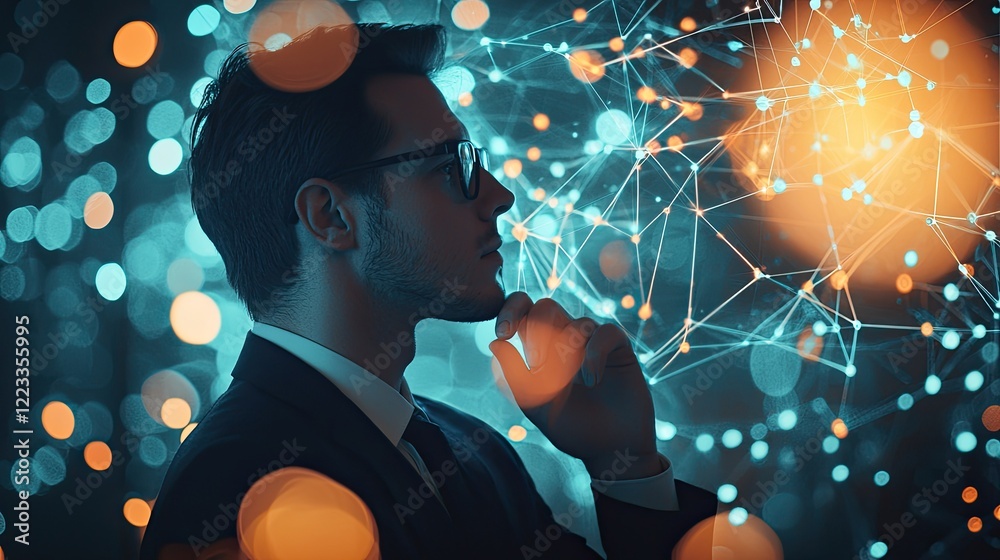 Poster thoughtful businessman contemplating digital connections with abstract glowing figures representing 
