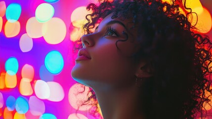 Young woman with curly hair gazing thoughtfully against a colorful urban background with blurred neon lights at night