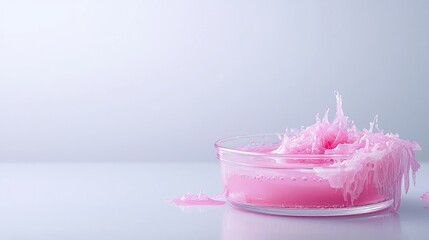 Pink liquid splash in glass bowl, white background, science experiment.  Use  Website, blog, advertisement