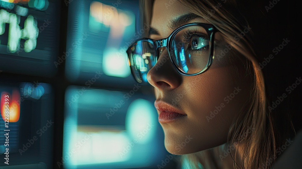 Poster A professional in glasses demonstrates intense focus while analyzing data on multiple screens, showcasing the essence of modern business analytics and technology-driven e