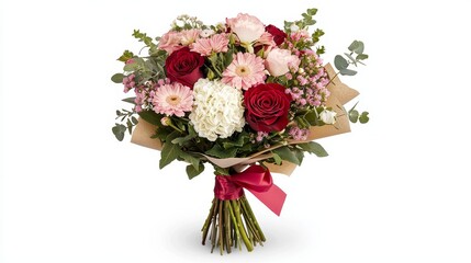 A stunning bouquet featuring red roses, pink gerberas, and white hydrangeas, wrapped in paper with a ribbon tie.