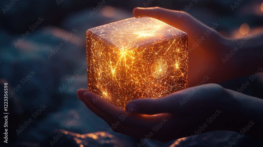 Aufkleber A pair of hands gently cradles a glowing cube filled with intricate light patterns, creating a captivating visual that signifies innovation and modern art in a tranquil s