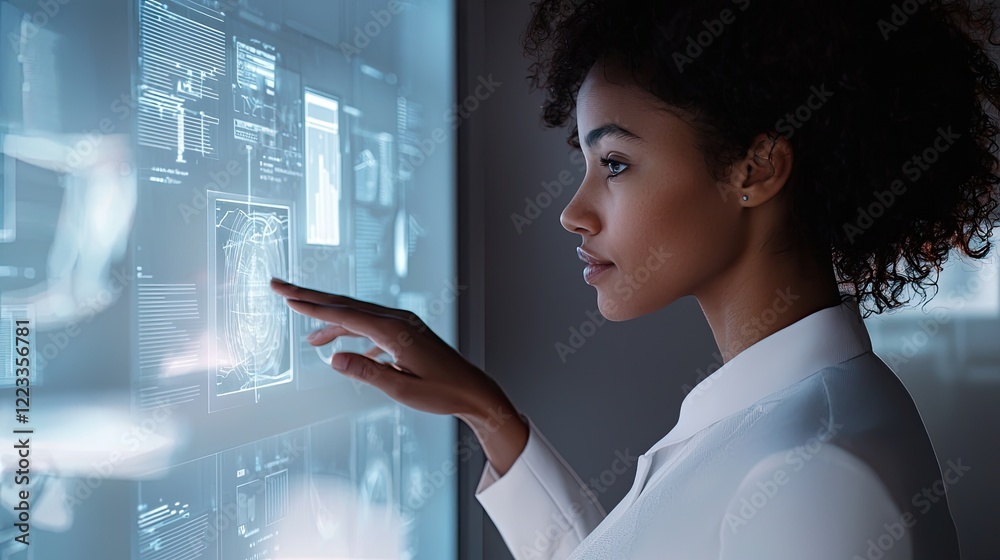 Poster A business professional engages with a high-tech touchscreen display showcasing data analytics and insights, highlighting modern office technology and innovative visual c
