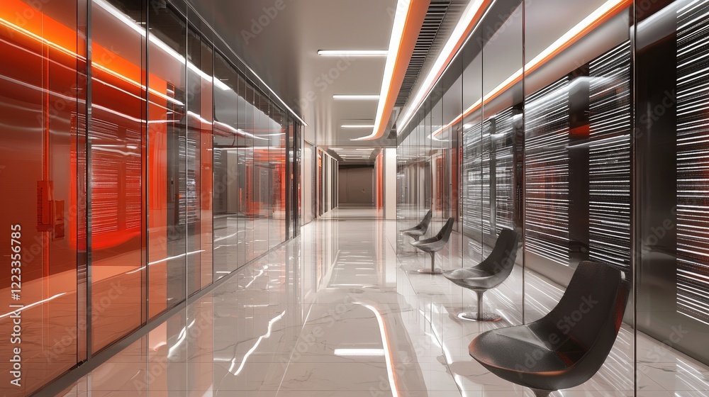 Fototapete this image captures a sleek corridor within a futuristic data center, showcasing bright lighting and