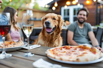 Golden retriever enjoying patio dinner with friends and pizza