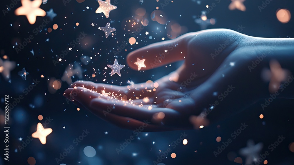 Poster A hand gracefully releases glowing stars into a dark background, creating a magical ambiance with sparkling particles and a captivating bokeh effect. An enchanting visual