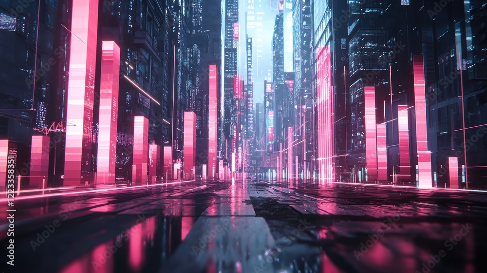 Poster Vibrant and futuristic visualization of data analytics featuring bar charts and graphs, illustrating financial trends in a bustling urban setting. Perfect for technology