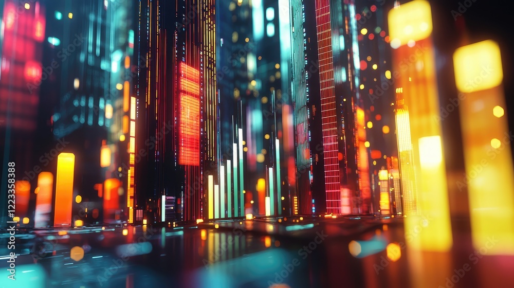 Poster Vibrant and futuristic visualization of data analytics featuring bar charts and graphs, illustrating financial trends in a bustling urban setting. Perfect for technology