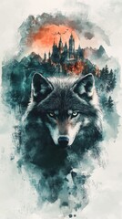 Majestic Wolf Before a Distant Fairytale Castle