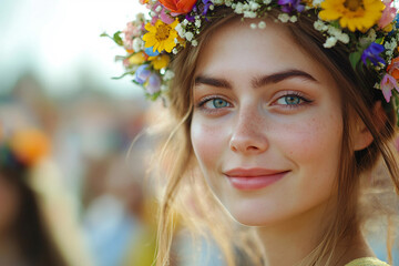 Naklejka premium Young ukrainian girl in traditional dress celebrating spring holiday generative ai
