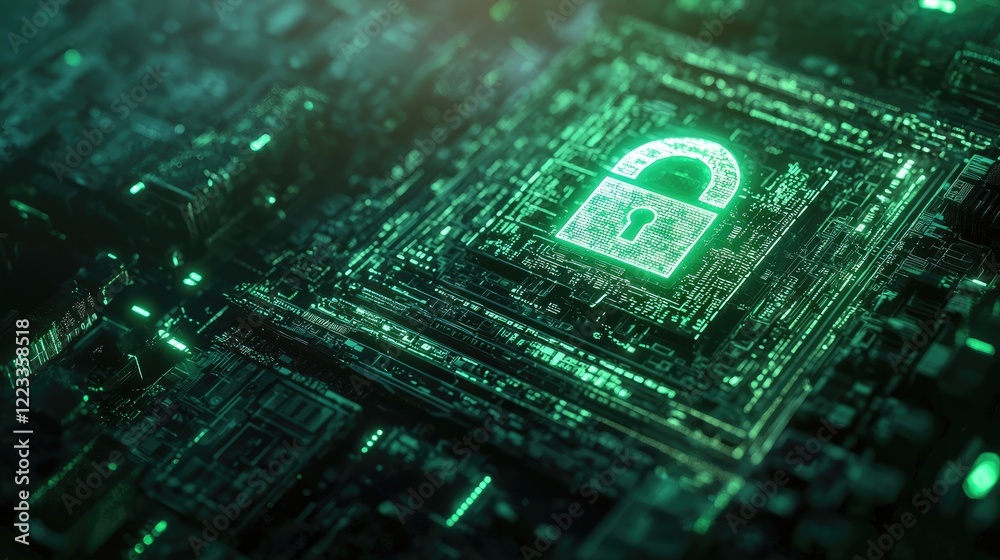Poster Visual representation of digital security featuring a glowing lock symbol set against a futuristic background, illustrating concepts of encryption and data protection in