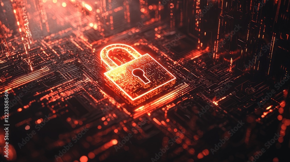 Poster Visual representation of digital security featuring a glowing lock symbol set against a futuristic background, illustrating concepts of encryption and data protection in