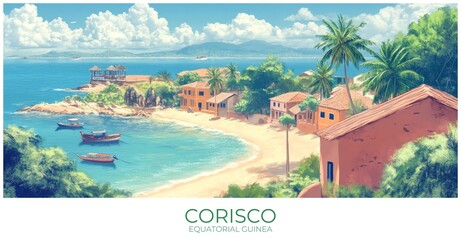 Corisco Equatorial guinea Travel Poster Flat Illustration Print Decor Gift Canvas Wall Art