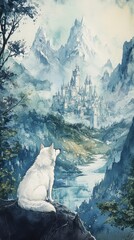 White Wolf Gazing at Majestic Mountaintop Castle