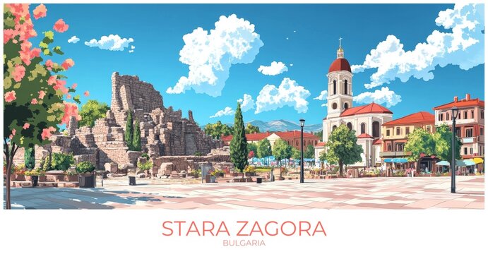 Stara zagora Bulgaria Travel Poster Flat Illustration Print Decor Gift Canvas Wall Art