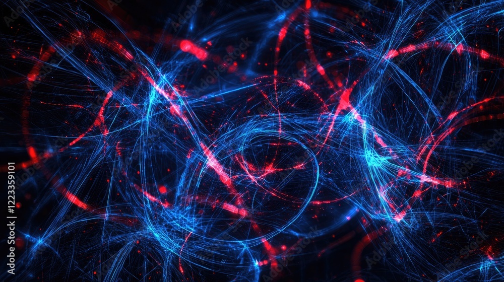Aufkleber Explore this mesmerizing digital abstract background featuring glowing blue and red lines intertwined with circuit patterns, perfect for technology-related design project
