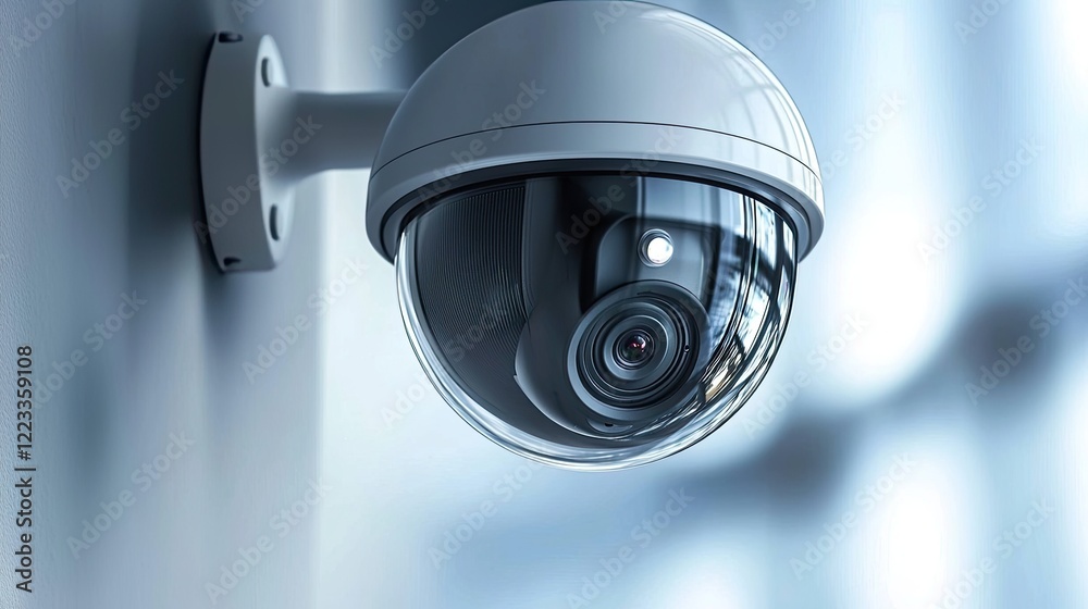 Poster a close-up view of a modern security camera mounted indoors, showcasing sleek design and advanced te
