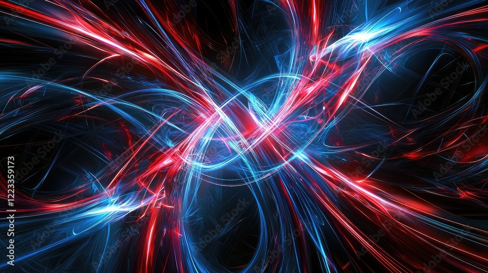 Poster Explore this mesmerizing digital abstract background featuring glowing blue and red lines intertwined with circuit patterns, perfect for technology-related design project