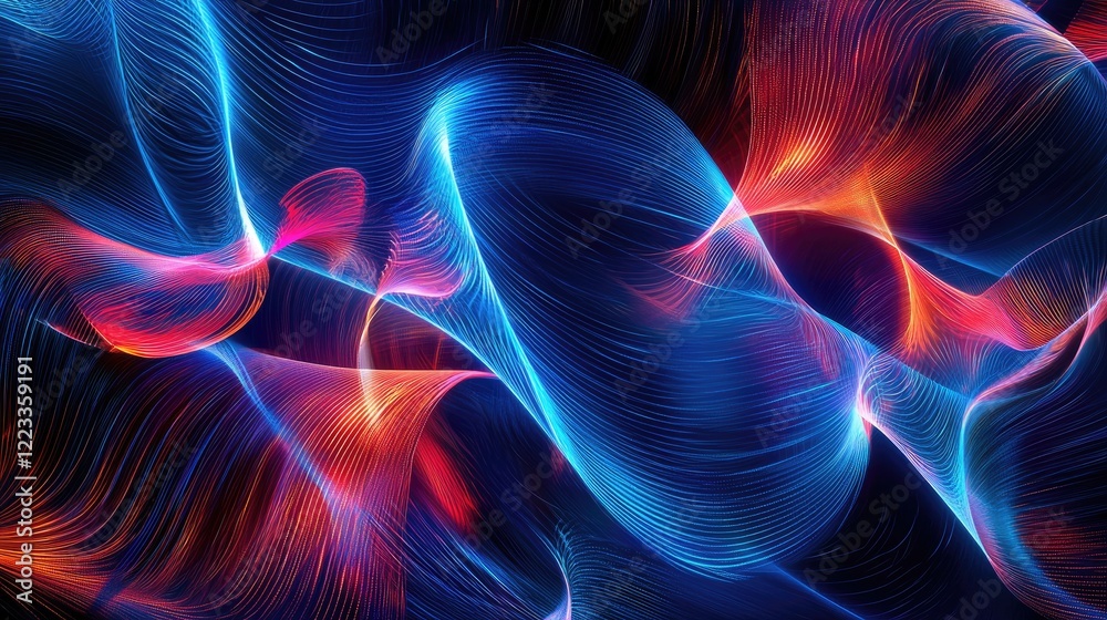 Poster Explore this mesmerizing digital abstract background featuring glowing blue and red lines intertwined with circuit patterns, perfect for technology-related design project