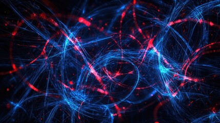 Fototapeta premium Explore this mesmerizing digital abstract background featuring glowing blue and red lines intertwined with circuit patterns, perfect for technology-related design project