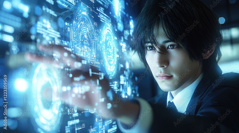 Poster A focused male professional interacts with an advanced touch screen interface showcasing digital data and cloud concepts, representing modern technology and innovation in