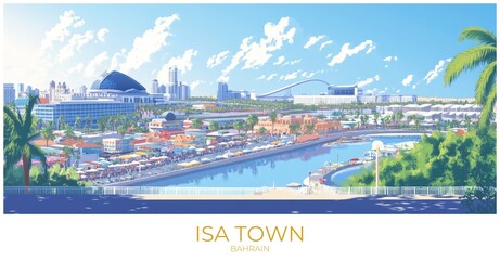 Fototapeta premium Isa town Bahrain Travel Poster Flat Illustration Print Decor Gift Canvas Wall Art