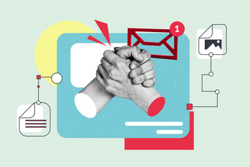 3d sketch poster trend collage image of business people handshake gesture success deal cooperation folder webpage trust sms