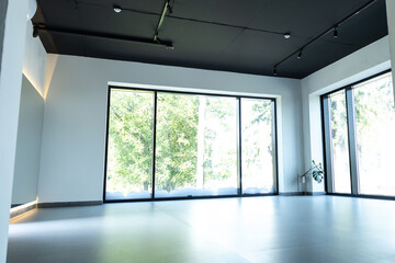 Empty studio with minimalistic design in contemporary building with big windows