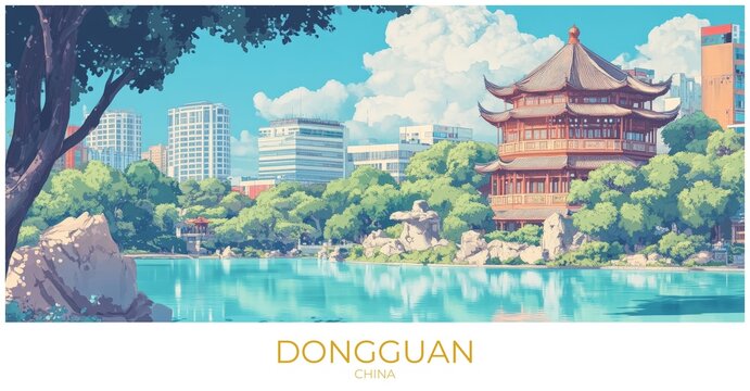 Dongguan China Travel Poster Flat Illustration Print Decor Gift Canvas Wall Art