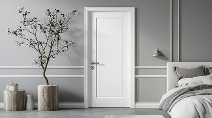 Classic white door with metal handle in modern bedroom interior. The door is close to a copy space wall, providing a spacious and inviting atmosphere. The knob design