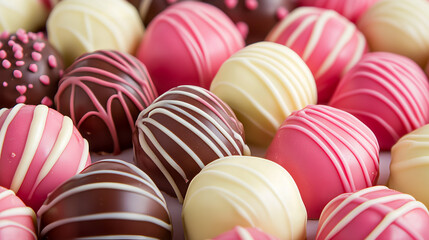 Obraz premium A close-up view of colorful assorted truffle candies in pink, white, and chocolate tones, decorated with stripes and sprinkles