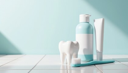 Oral hygiene products for cavity prevention including toothpaste, toothbrush, and tooth model