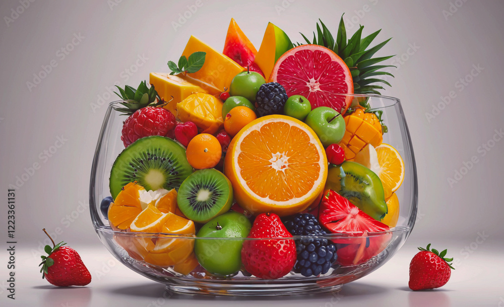 Poster a bowl filled with a variety of fruits including oranges, apples, and strawberries. the bowl is plac