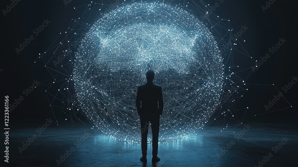 Aufkleber A businessman stands in front of a digital globe illuminated by data connections, symbolizing global connectivity, technological advancement, and future opportunities.