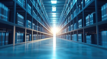 Fototapeta premium An expansive view of a modern archive featuring rows of cabinets and a bright sunlight illuminating the end of a long, clean aisle, symbolizing organization and efficienc
