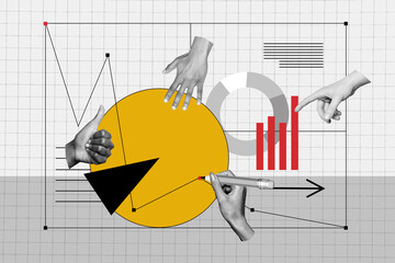 Exclusive art banner collage of business people hands cooperation hols pencil show like gesture...